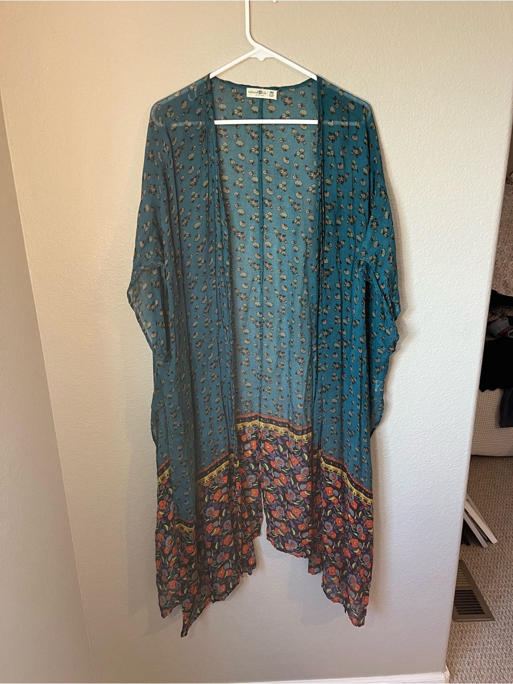 Natural Life One Size Teal Floral Maxi Kimono Duster Boho Festival Western